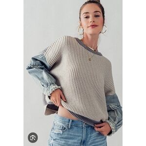 Debut Gray Knit Sweater Denim Sleeves Women’s Mixed Media Oversized Med/Large